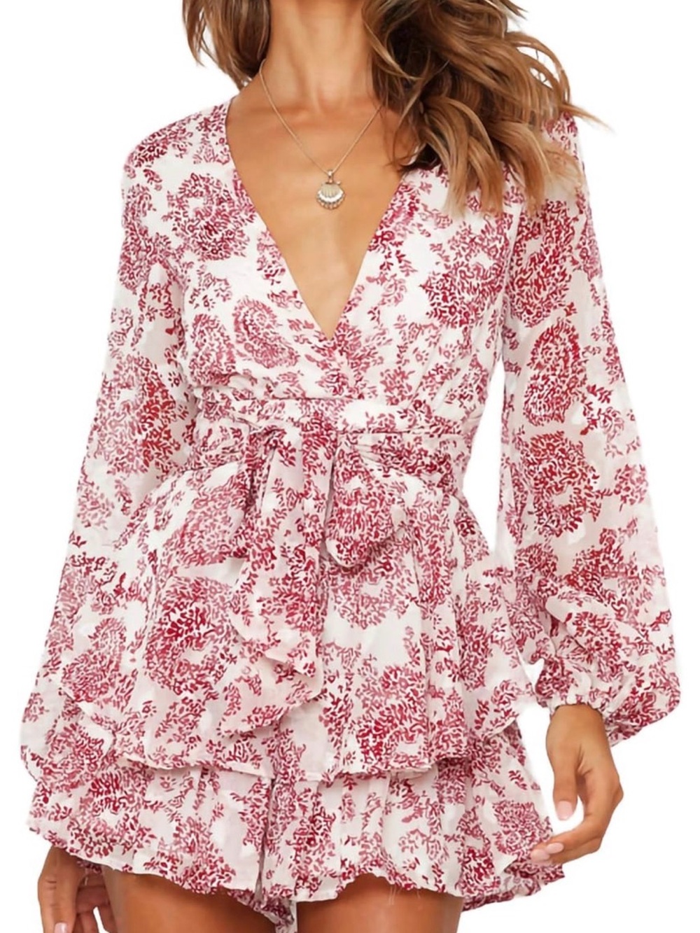 Red Floral Wrap-Front Long Sleeve Mini Dress with Tie Waist